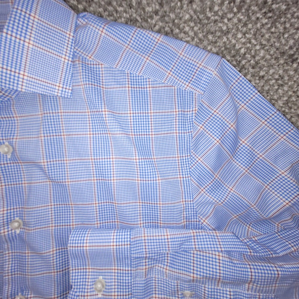 Michael Strahan Collection Mens Blue Plaid Wrinkle Free Stretch Dress Shirt 15.5